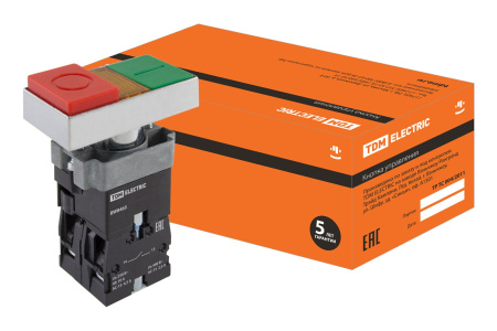 Кнопка сдвоенная SB2-BW8465 с возвратом, 1НО+ 1НЗ, d22 мм, с подсветкой 230 В LED, зеленая/красная, IP40 TDM